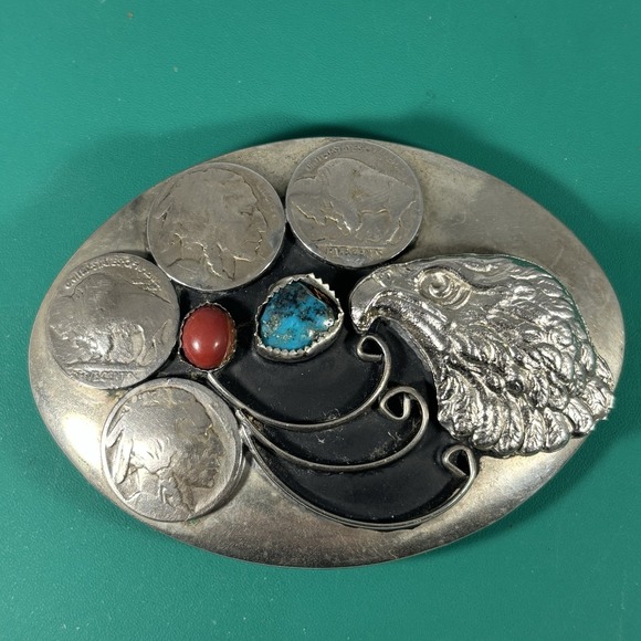 Vintage Buffalo Nickel American Eagle Belt Buckle Coral & Turquoise Southwestern - Picture 1 of 3